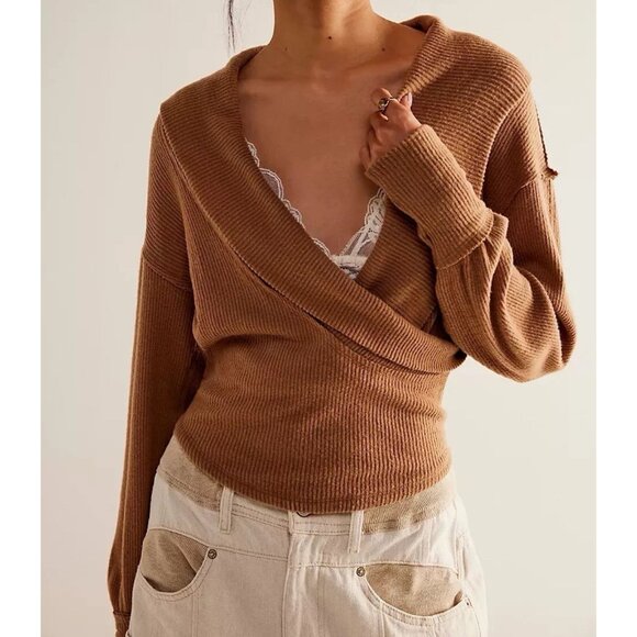 Free People Sweaters - Free People Top Womens Sz S Hold Me Close Brown Wrap V Neck Rib Long Sleeve Boho